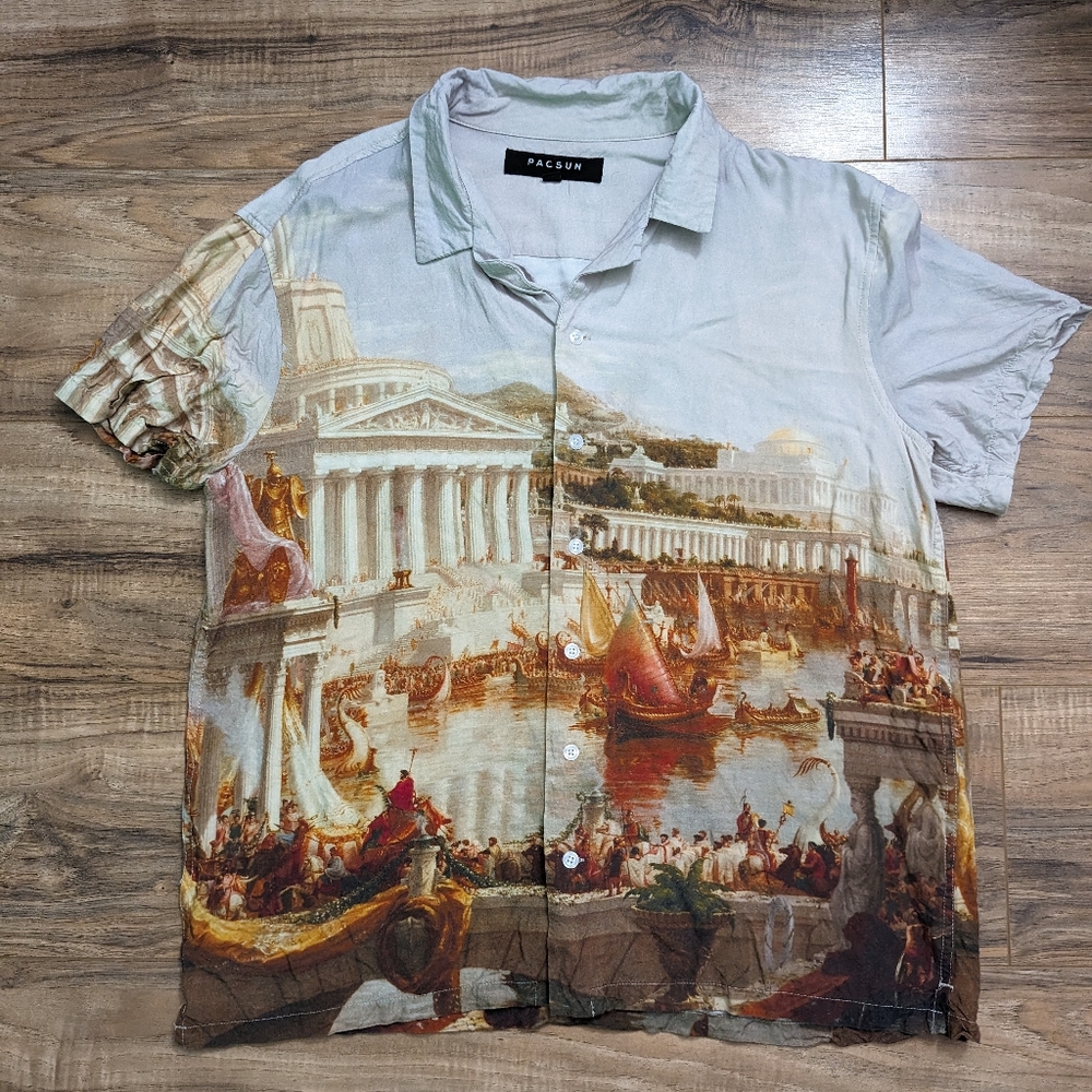 PacSun Camp Collar Short Sleeve Renaissance Art SS Button Up Shirt